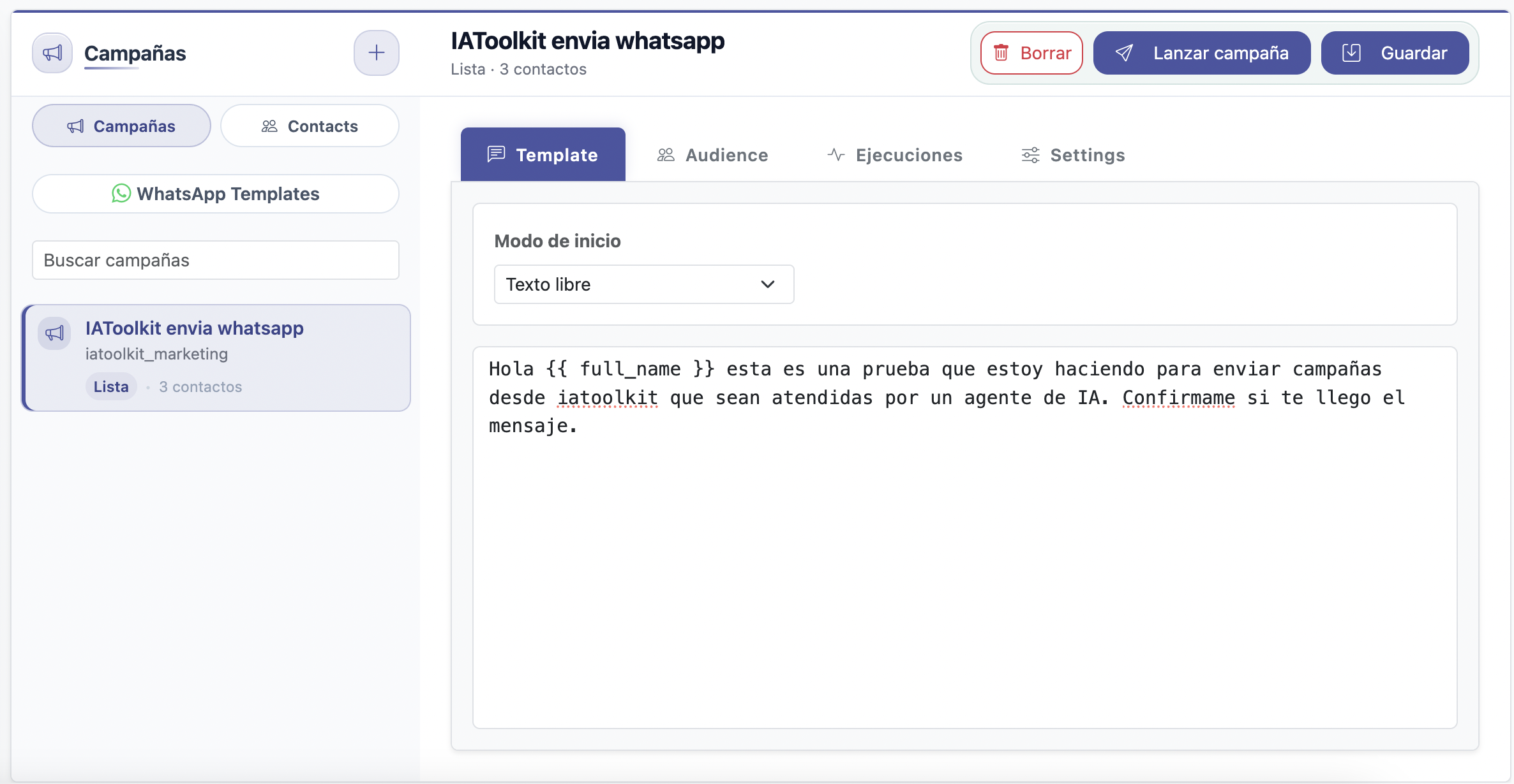 Campaigns and communications screen