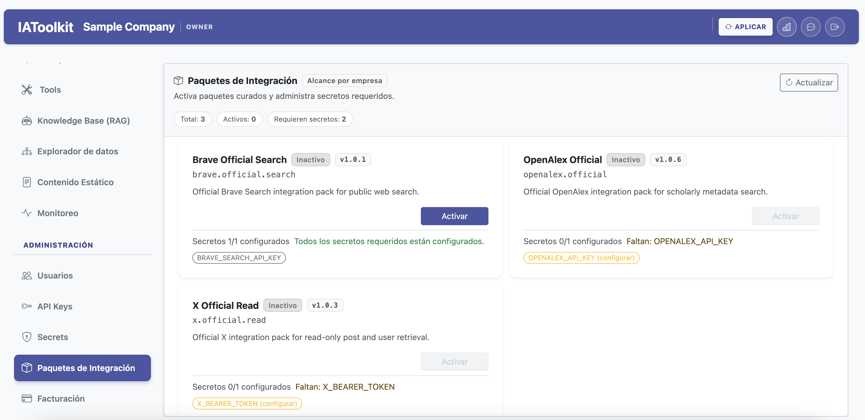 Integration packs screen