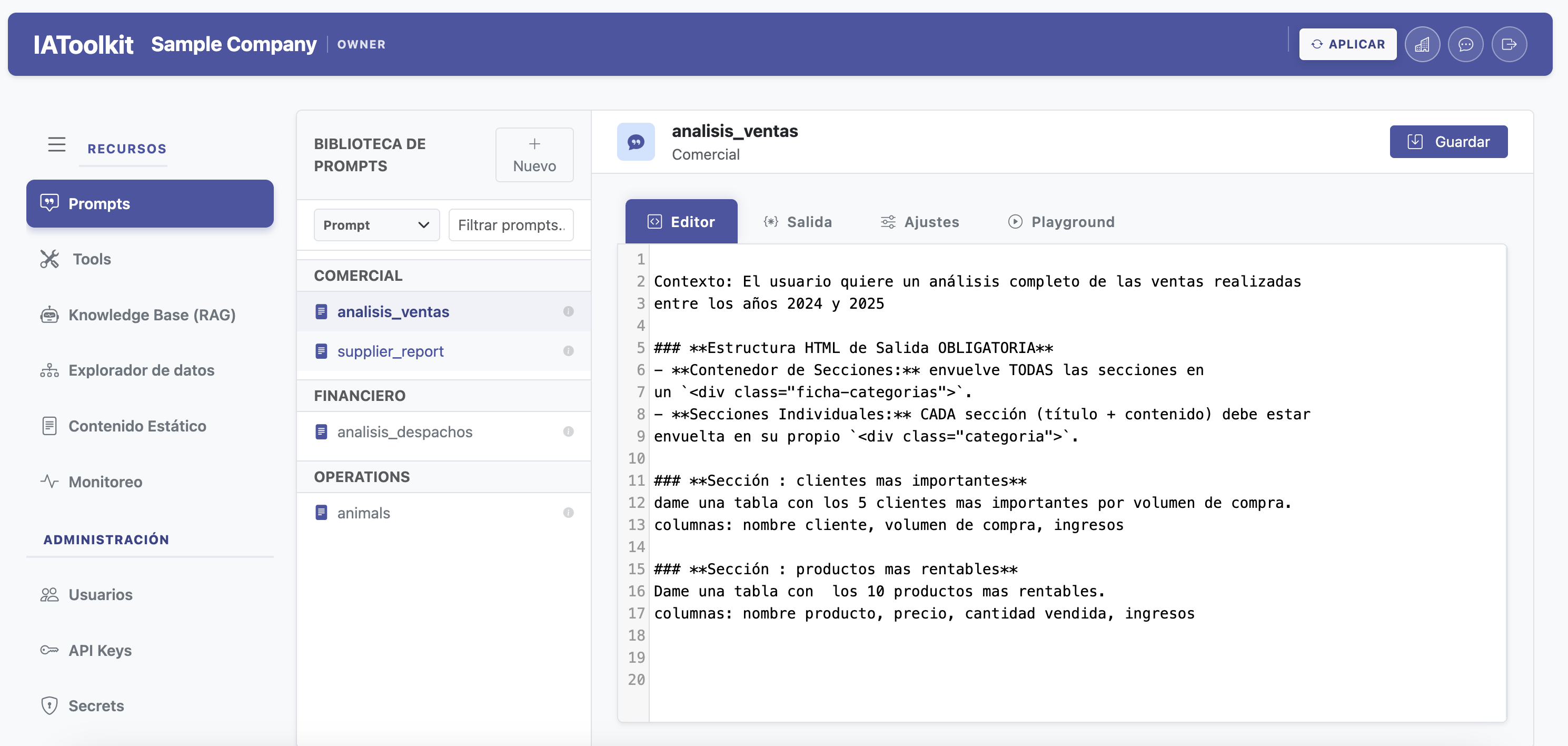 IAToolkit Enterprise prompts screen